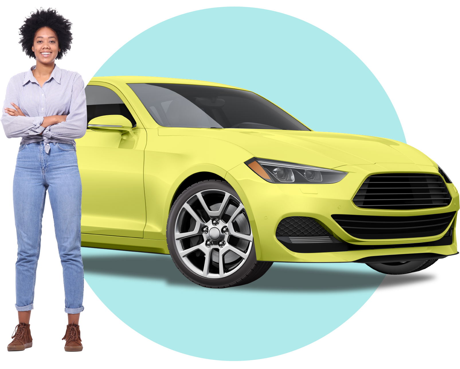 A happy Advantage Finance customer, standing beside her car